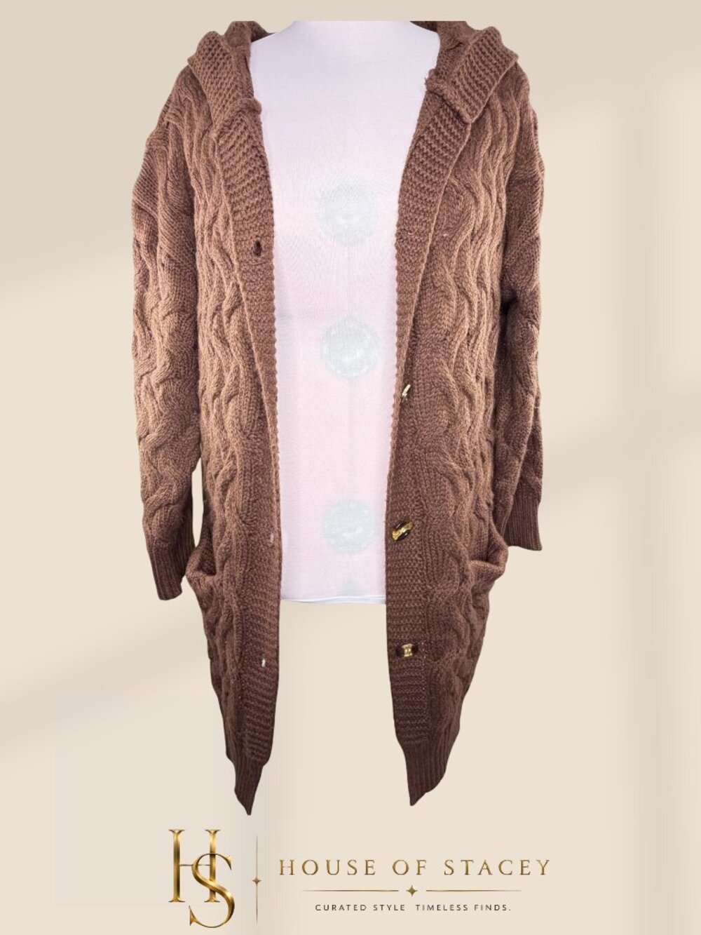 Brown Cable Knit Hooded Longline Cardigan Sweater Cozy Boho Chic XL